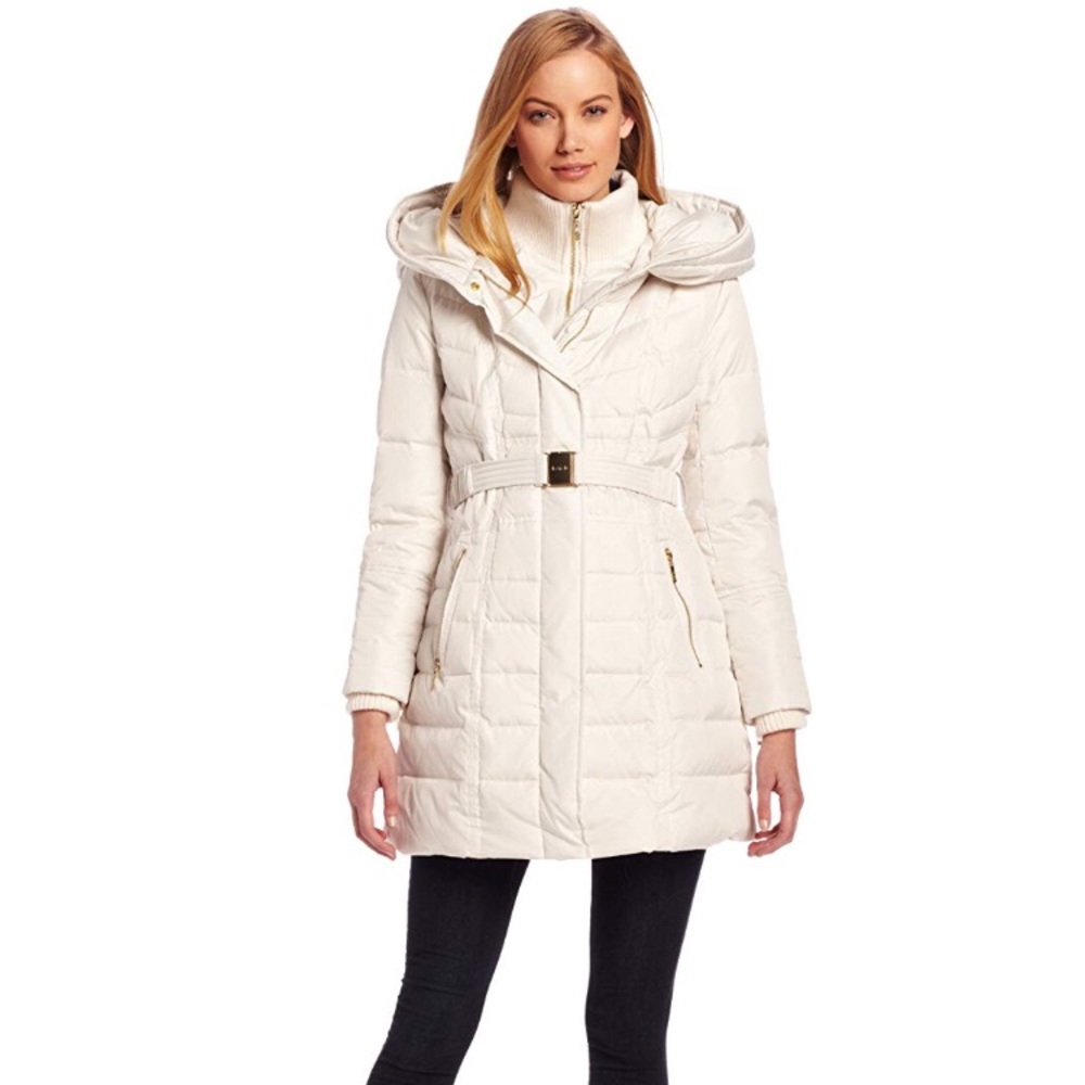 Kensie Hooded Quilted Belted Puffer Small